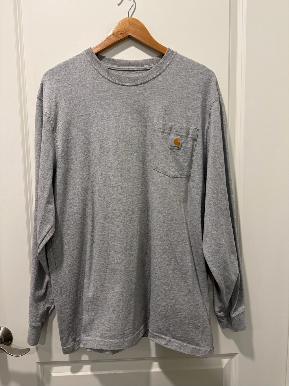 Carhartt Long Sleeve Pocket Tee - Heather Gray with Small Tan Logo